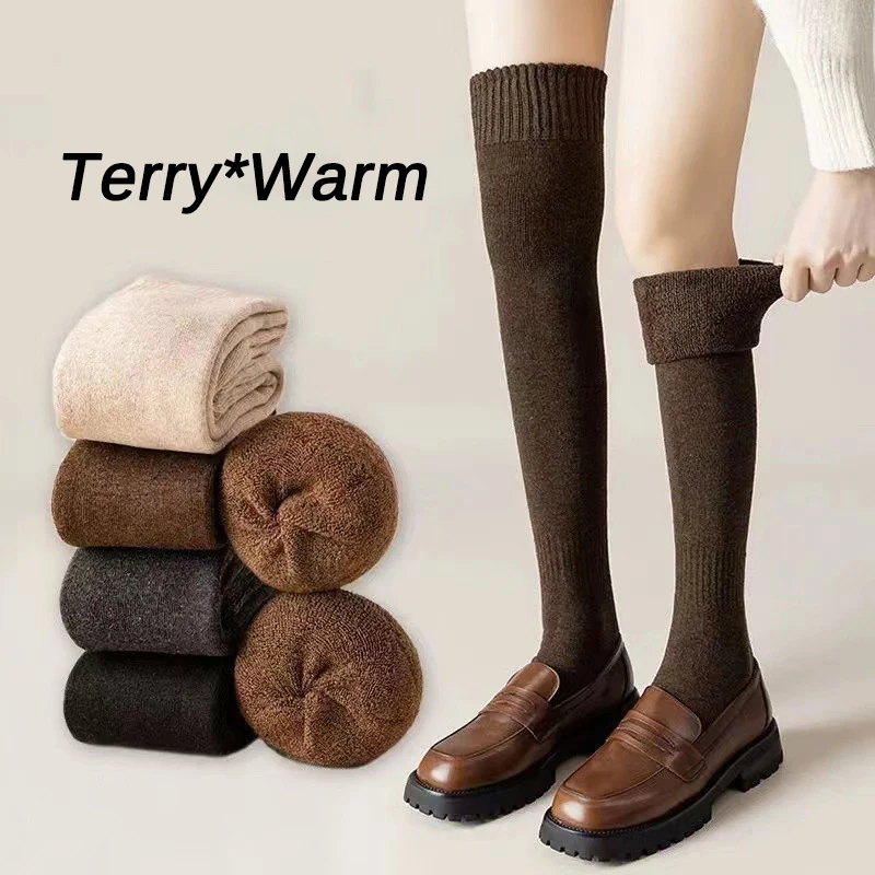 Women Winter Stockings Terry Fashion Snow Solid Color Tight Thickened Loops Inner Warm Slim Girl JK Long Overknee Calf Socks