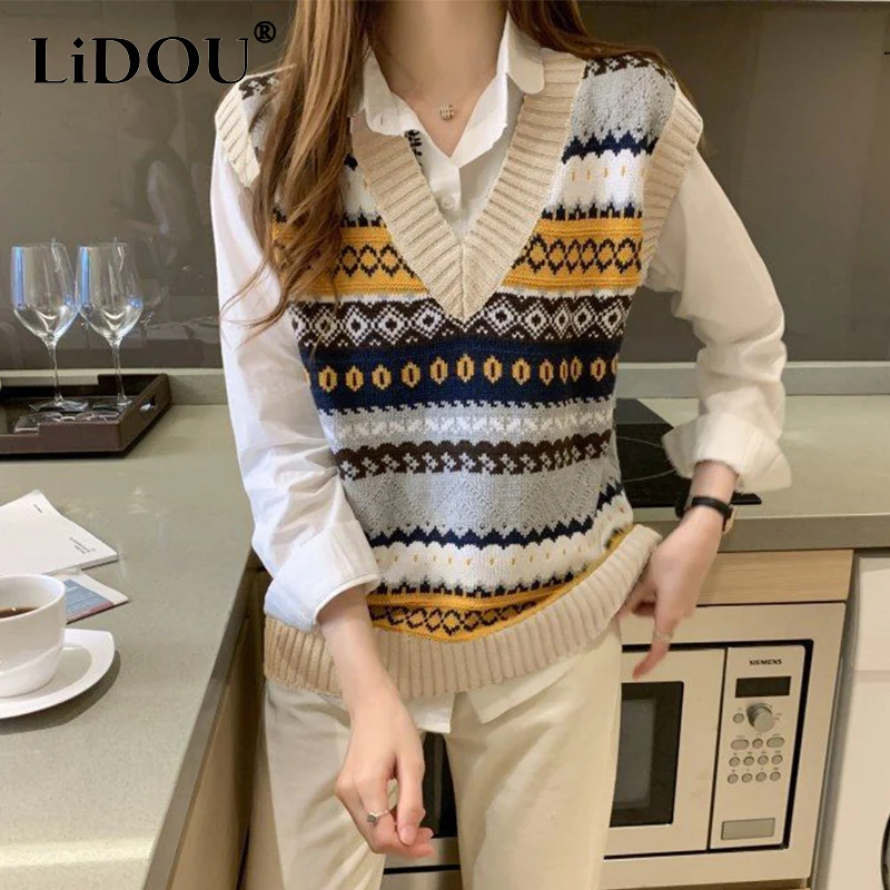 Spring Autumn Loose Casual V-neck Patchwork Sweater Vest Women Sleeveless All-match Knitting Pullover Female Vintage Jumper Top