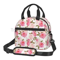 Watercolor Rose Pink Flower Insulated Lunch Box Cooler Tote for Women Reusable Thermal Lunch Bag with Adjustable Shoulder Strap