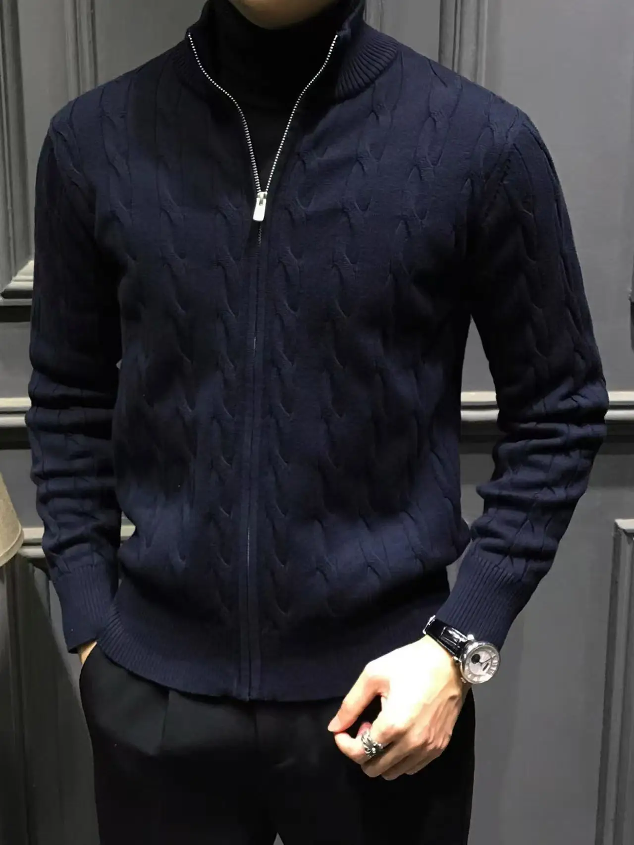 

Мужской вязаный свитер с воротником на молнии, повседневный вязаный свитер, облегающая весенне-осенняя верхняя одежда, топ Personali Long Sve