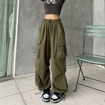Women's Y2K Black Parachute Cargo Pants 5 Y2K Parachute Black Pants Women Hippie Streetwear Oversize Pockets Cargo Trousers Harajuku Wide Leg Baggy Sweatpants 5