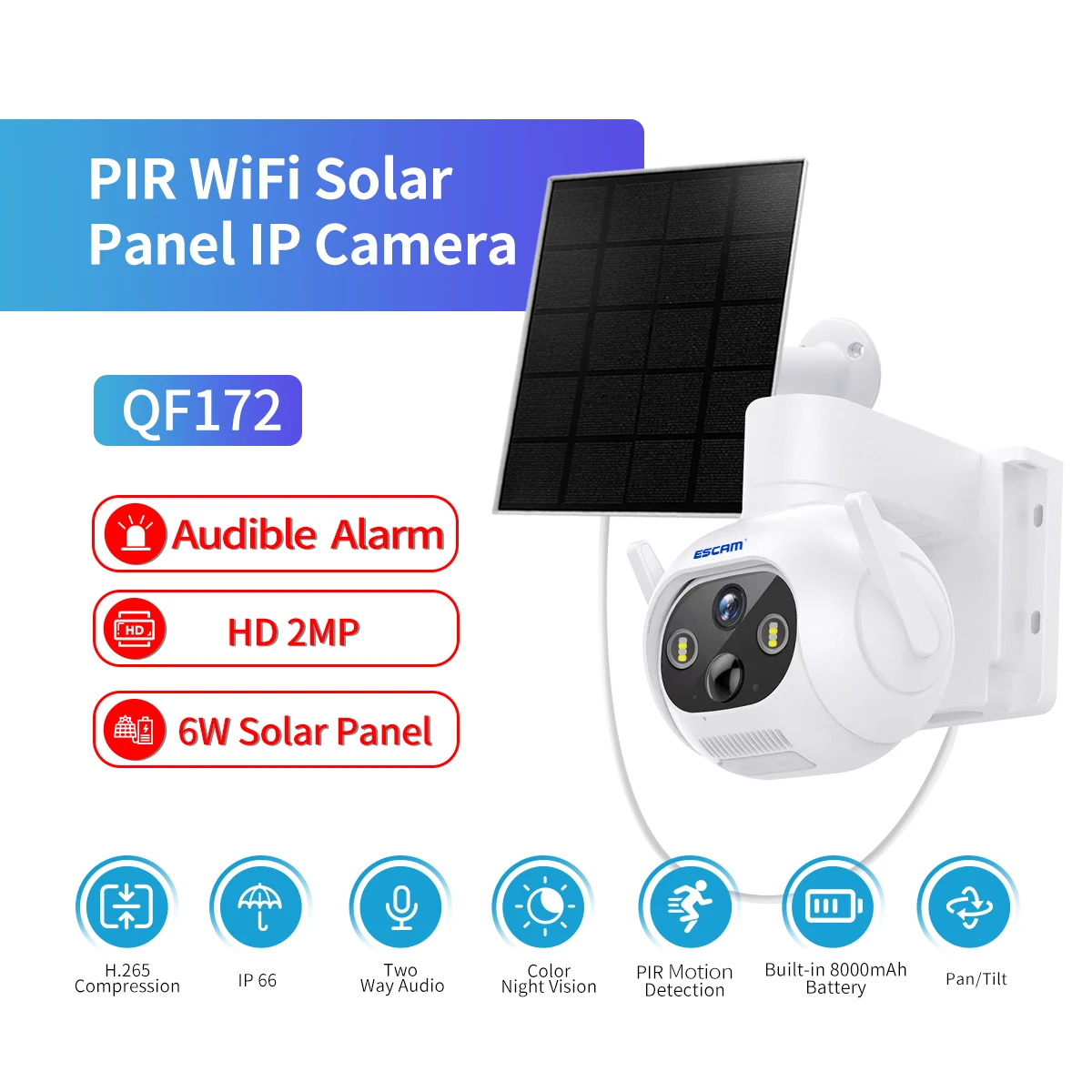 

ESCAM QF172 2MP 1080P iCsee APP Solar Power Wireless IP Dome Camera AI Humanoid Detection Outdoor Alarm WIFI CCTV Baby Monitor