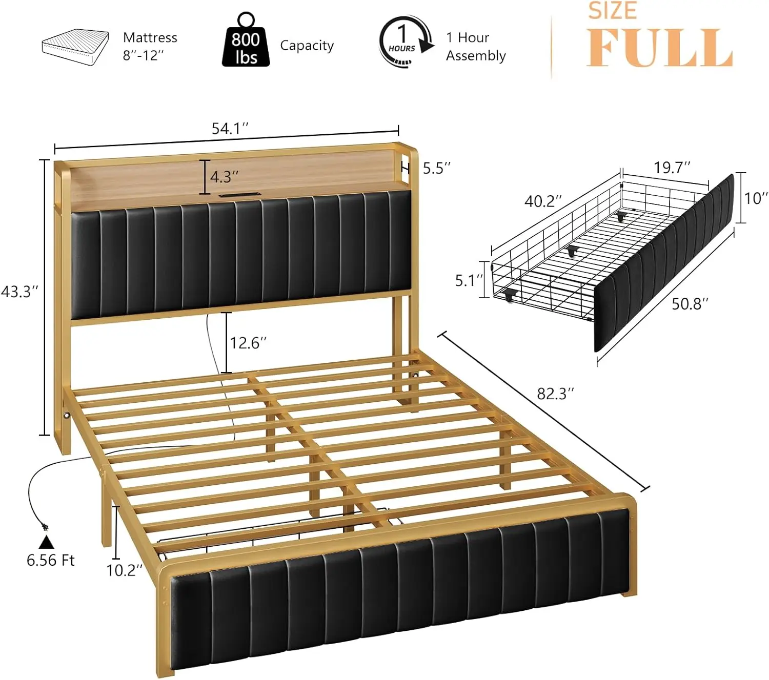 Full Size Bedframe Met Bewegingssensorlicht, Gestoffeerd Platformbed Met Geïntegreerde Lade