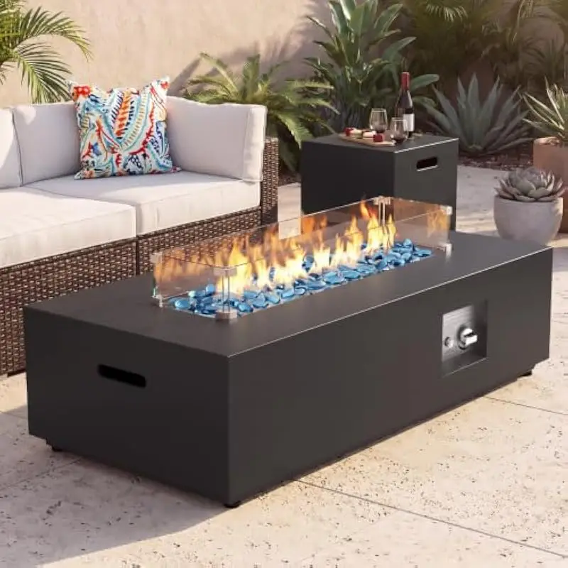42 Inch Rectangular Stainless Steel Propane Fire Table for Patio Use Featuring Matte Black Finish Modern Design Wind Guard Blue