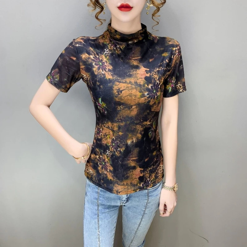 

Летняя модная женская футболка 2026 года из прозрачной сетки с принтом, с коротким рукавом, приталенная, элегантная блузка для повседневного многослойного образа