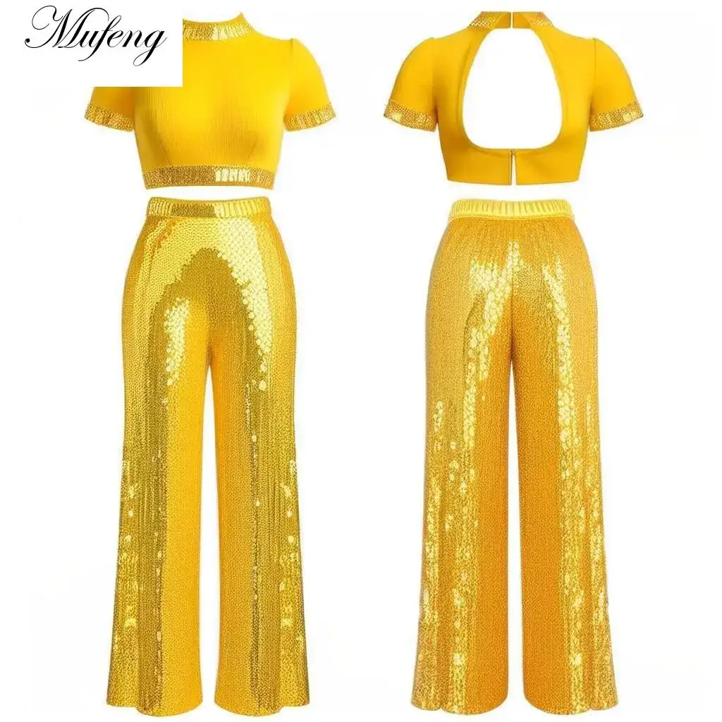 Mädchen Pailletten Jazz Hip Hop Modern Street Dance Outfit Kurzarm Crop Tops mit Hosen Set Trainingsanzug Schule Cheerleader Uniform