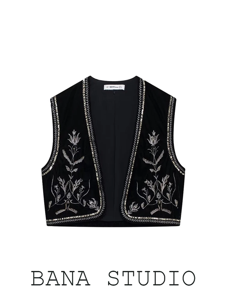 

BANA Bohemian Style Embroidered Sequins Black Velvet Short Vest Women's Fashion Commute Cotton Blend Inner Silk Cotton