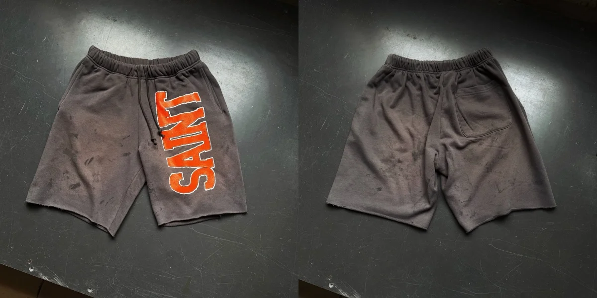 Unisex Vintage Saint Washed Sweatshorts Distressed Logo Print Drawstring Elastic Waist Oversized Streetwear Cotton Jogger Shorts
