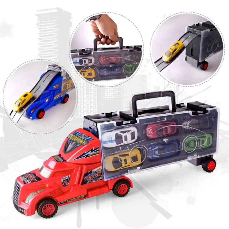 Nâng cấp Xe Đồ Chơi Cho Trẻ Em Cargo Truck Mẫu với 12 cái Xe kim loại Bãi Đậu Xe Toy Organizer Đôi Trượt Theo Dõi Xách Tay xử lý