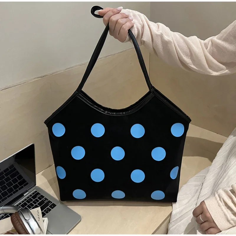 Koreanische Schultertasche mit Polka-Dot-Muster, Vintage-Kunsthandwerkliche Canvas-Tragetasche für Damen, lässige Alltagstasche mit Henkel. – Detail 17
