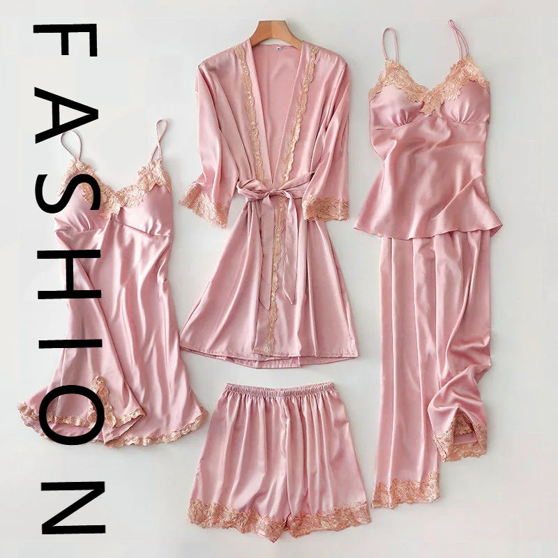 

Spring and summer pajamas female sexy five-piece set ice silk long-sleeved nightgown pure desire wind v-neck suspender nightdres