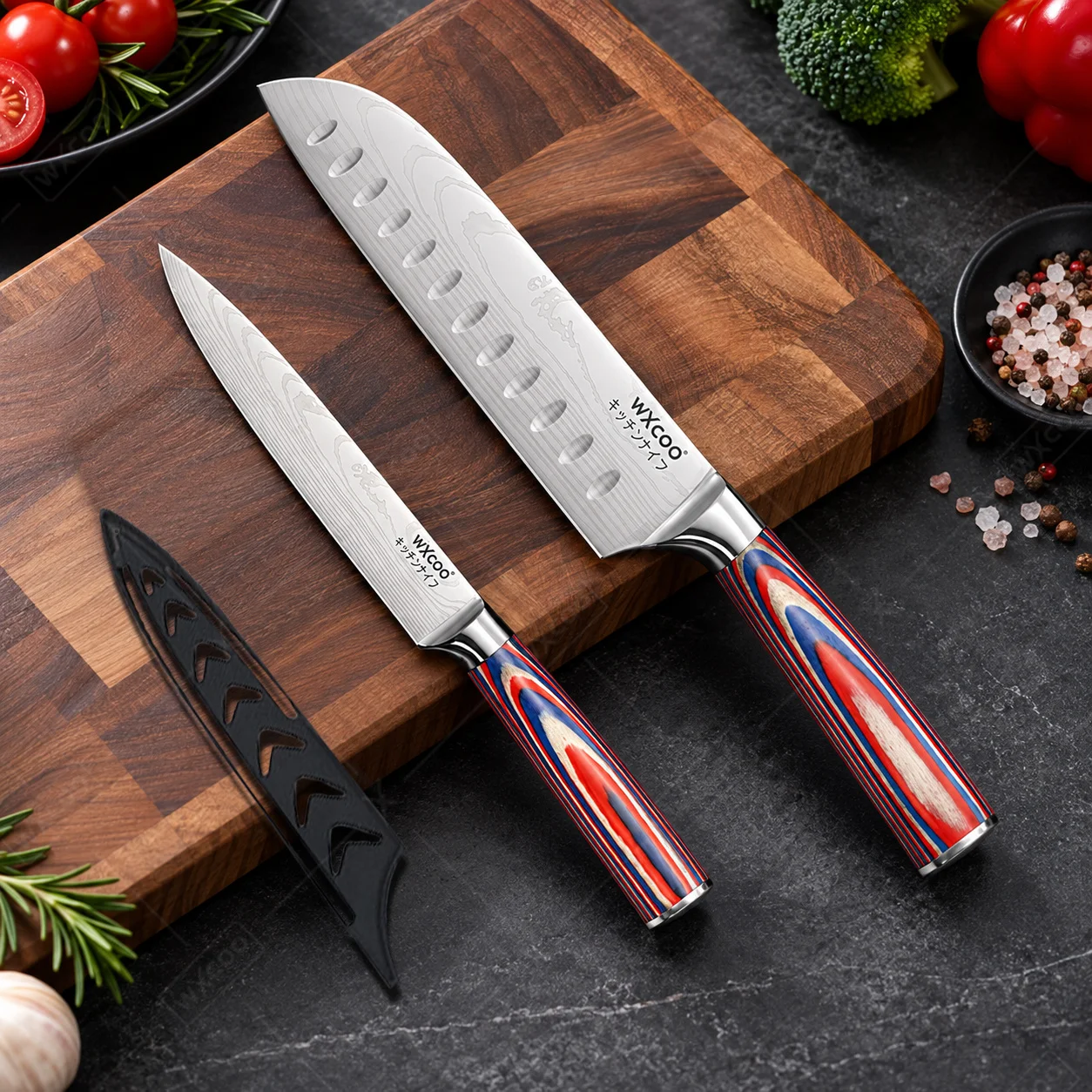 WXCOO Damascus Pattern Kitchen Knife Santoku Chef Knife Fruit Paring Knife with Sheath Colorful Wood Handle for Home Cooking