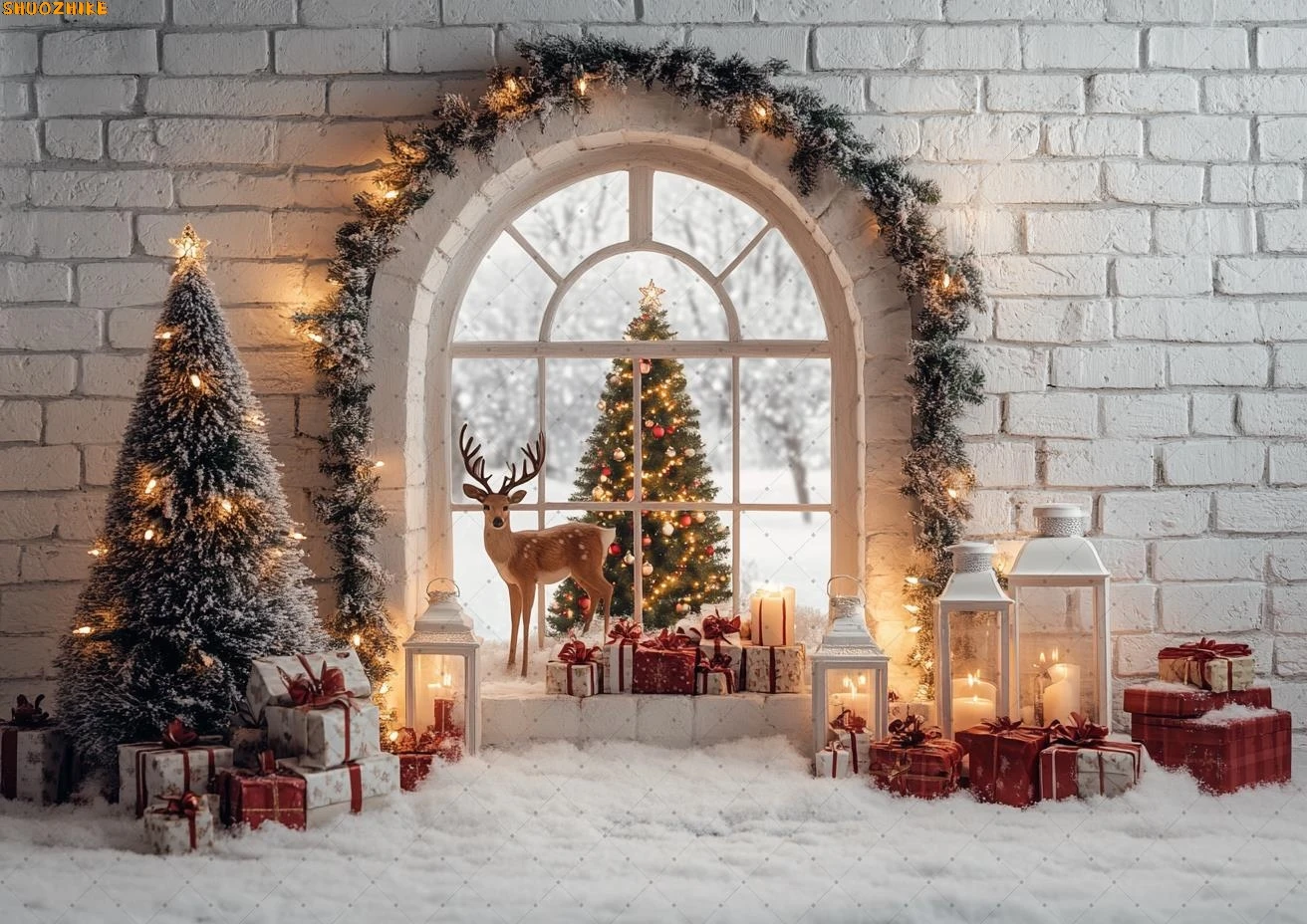 

Christmas New Year Clock Decor Backdrop Photography Vintage Xmas Trees Gifts Snow Winter Indoor Photo Studio Background VF-15