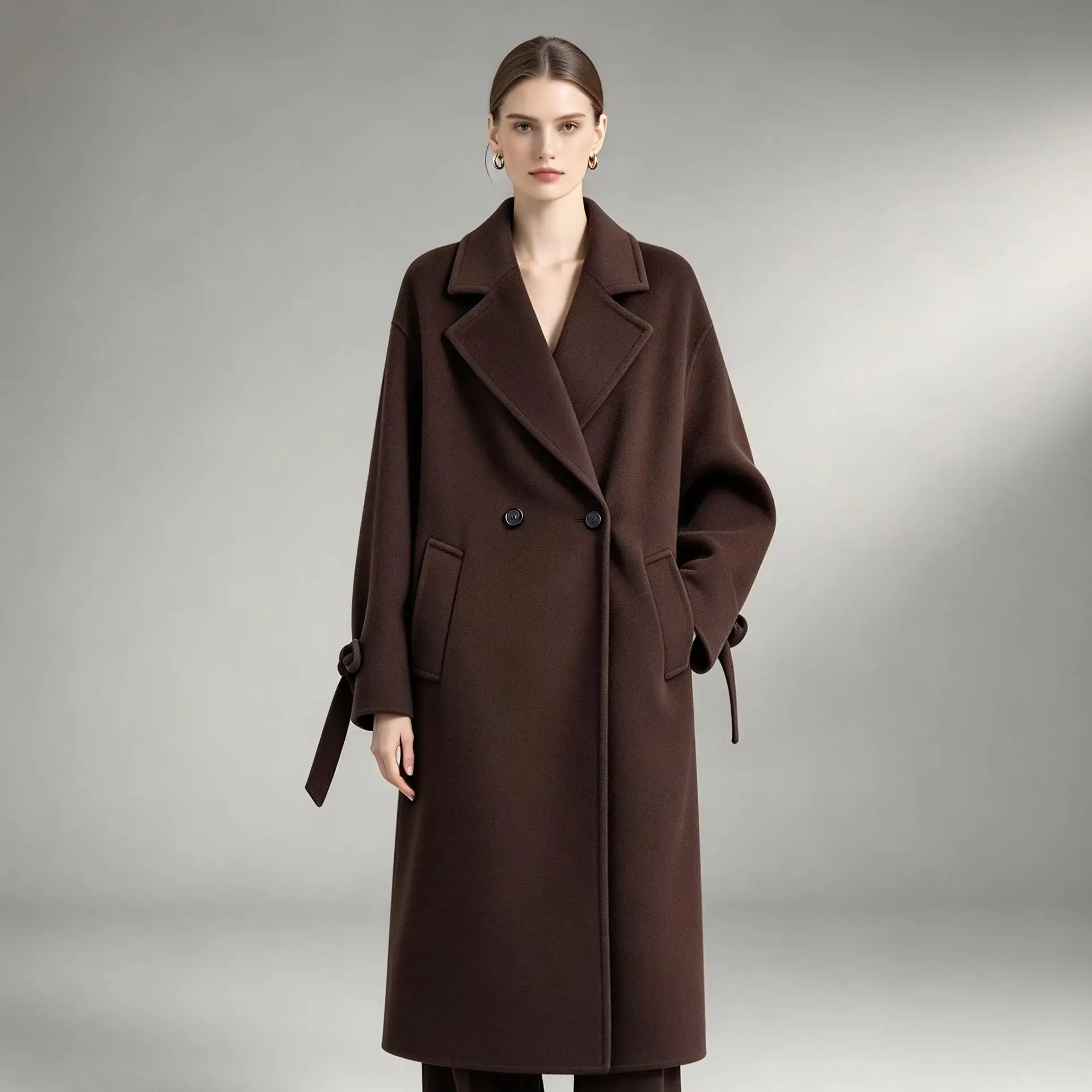 Elegant Women’s Overcoat Double Breasted Lapel Loose Long Silhouette Wool Fabric Business Meeting Party Banquet Customized