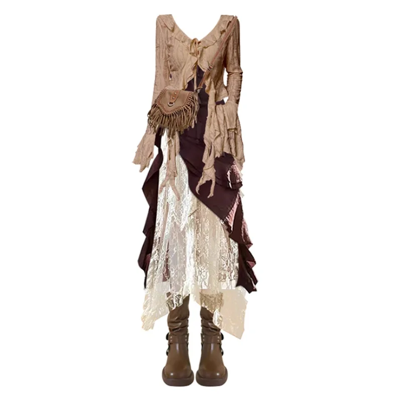 秋の新作イレギュラーなスリムフィットトップス、ラッフルエッジサスペンダードレス、透かし彫りハーフスカートの3点セット、エレガントなレディーススカート