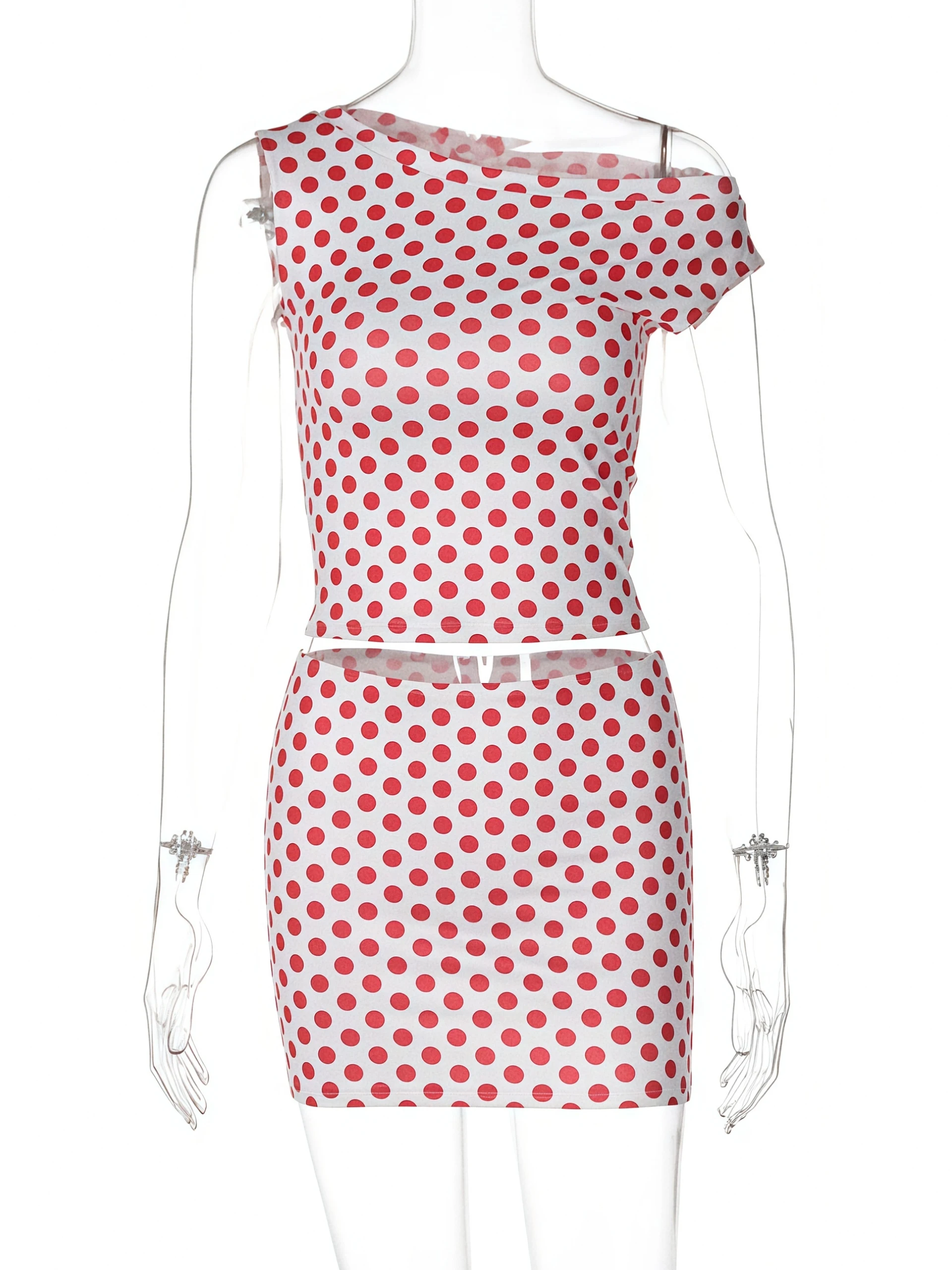 Absobe Polka Dot Printed Off One Shoulder Tank Top Mini Skirt Set Women Slash Neck Crop Vest Short Skirt Suit Hottie Y2K Outfit