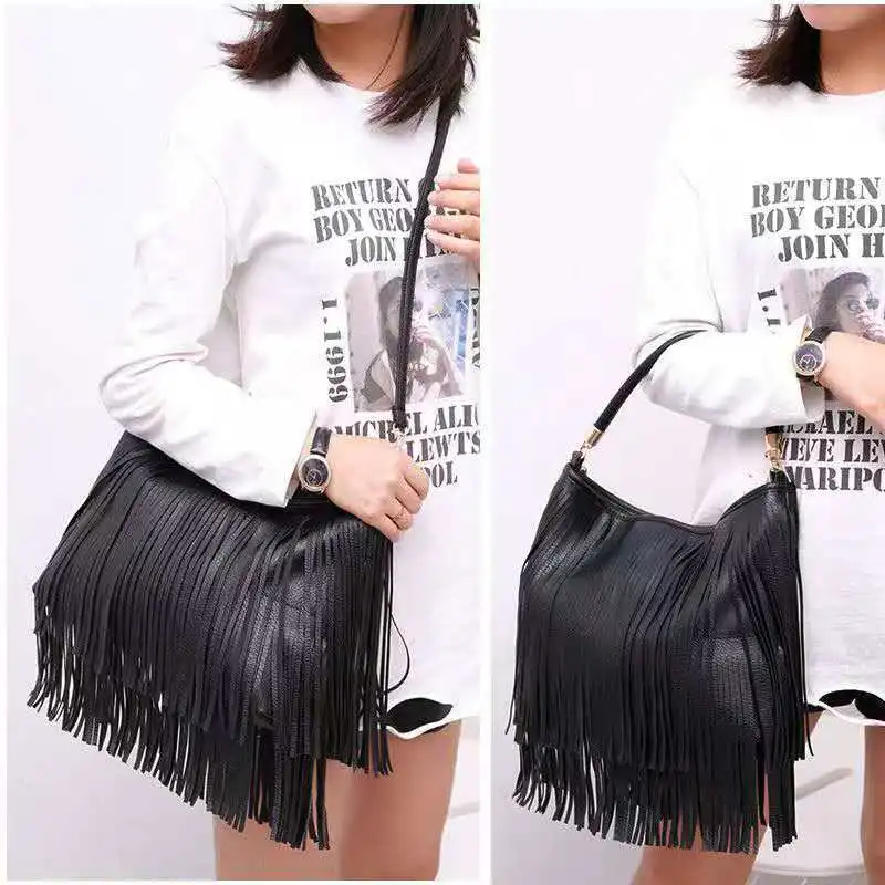 

2026 Spring and autumn soft leather double-sided fringed handbag large capacity stylish for daily use single shoulder bag