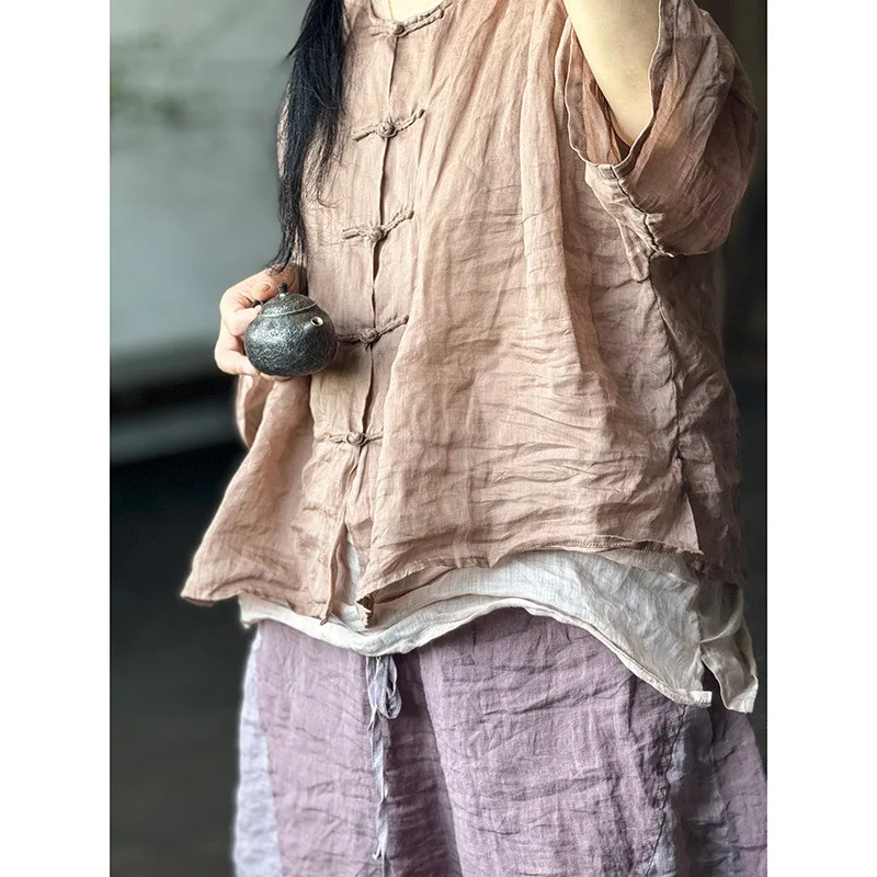 Origineel ontwerp Chinese stijl Ramee zomer Chinese knop shirts voor vrouwen O-hals lange mouw dunne 2025, nieuwe vrouwelijke vintage top