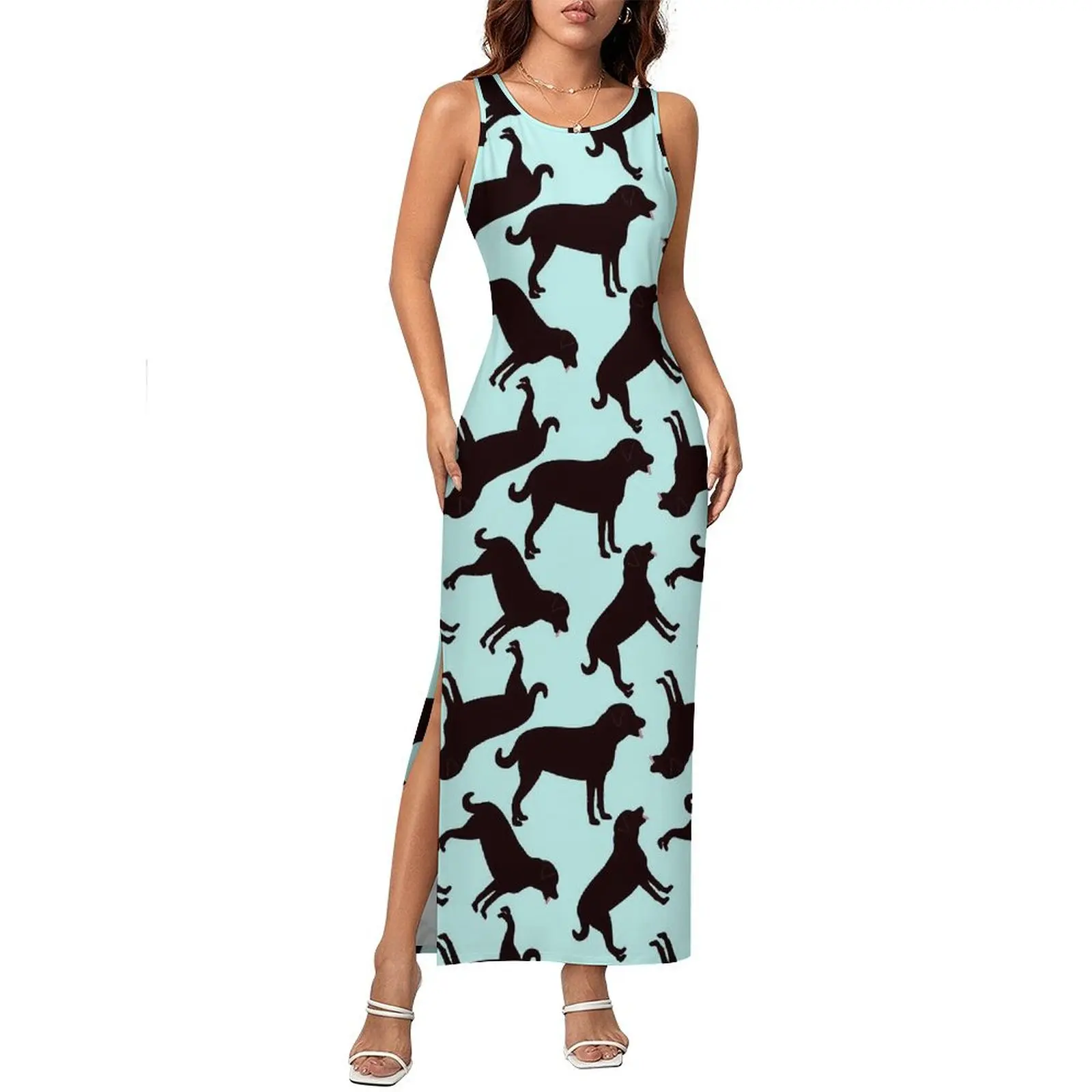블랙 랩 개 프린트 드레스 민소매 실루엣 클럽 파티 맥시 드레스 여름 스트리트웨어 디자인 Bodycon Dress Large Size
