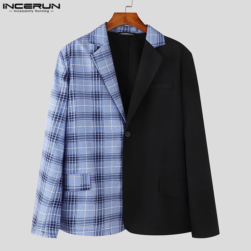 Incerun-メンズチェック柄パッチワークブレザー、ラペル、長袖、ワンボタン、カジュアルなメンズスーツ、ルーズストリートウェア、ファッションコート、S-5XL、2021