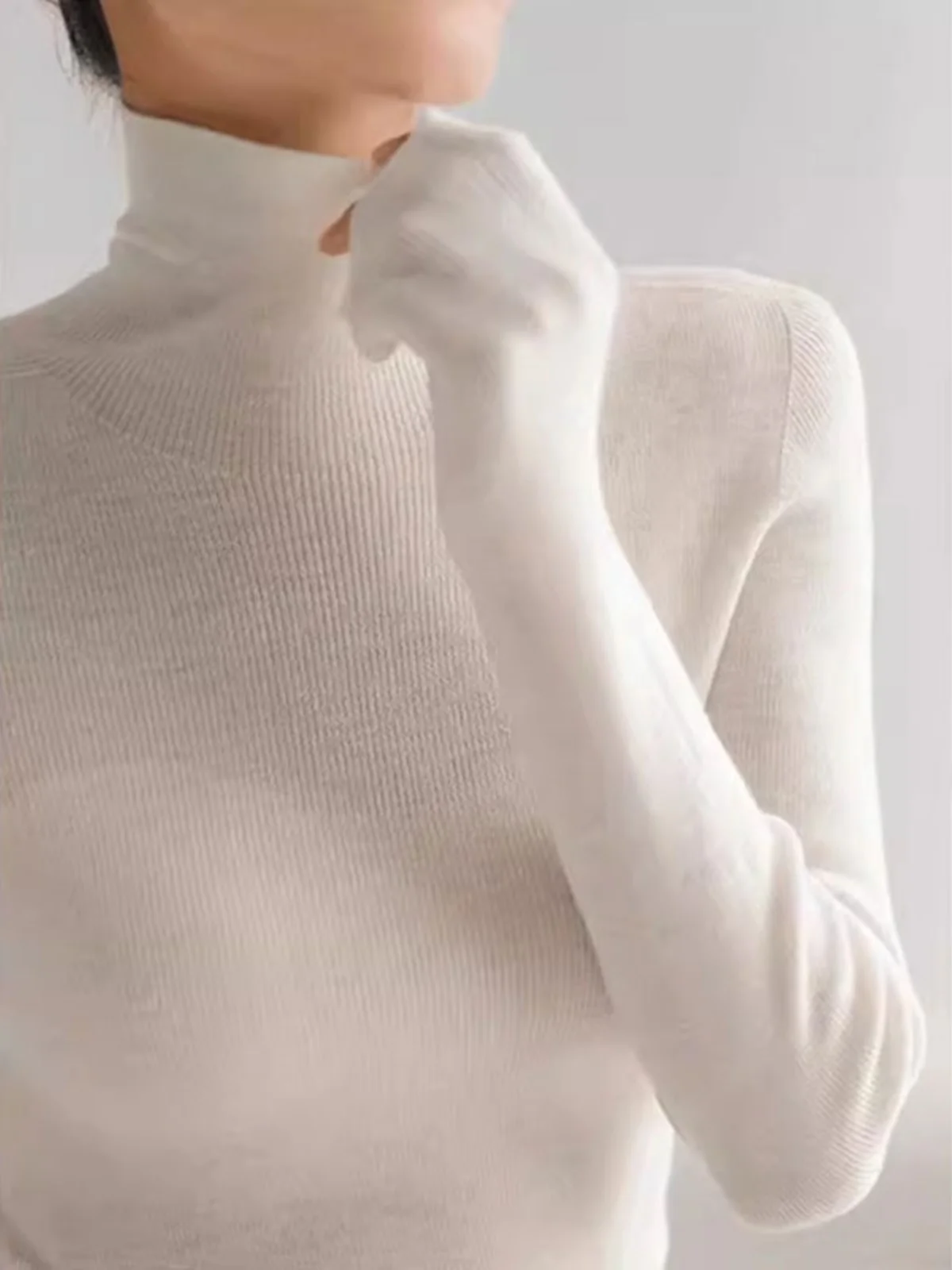 

White High Collar Long Sleeve Knitted Slim Fit Base Shirt Women's Autumn Winter Layering Turtleneck Sweater Base Layer Top