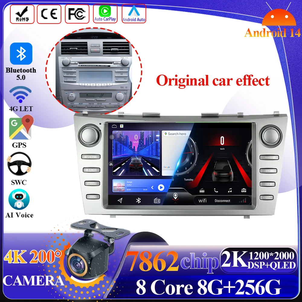 Android 14 Carplay For Toyota Camry 6 XV40 50 2006-2011 Multimedia Player Bluetooth 5G Navigation Touch Screen 9 Inch Display