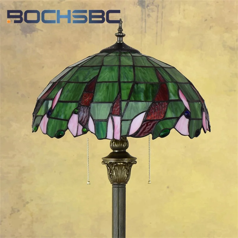 BOCHSBC Tiffany Stained glass 16-inch floor lamp Art Deco Living Room Dining Room Bedroom Pastoral Green Vintage standing lamp