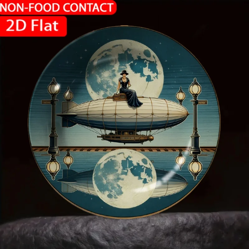 1pc Steampunk Dirigible Blue Ceramic Plate Non-Food Contact, Home Desktop Ornaments, Living Room And Bedroom Decorations,