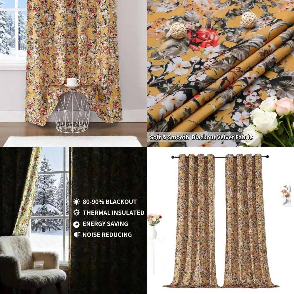 

84 горчично-желтые бархатные шторы с цветочным принтом в стиле бохо, термоизолированные втулки для спальни/гостиной, 52x84, комплект o