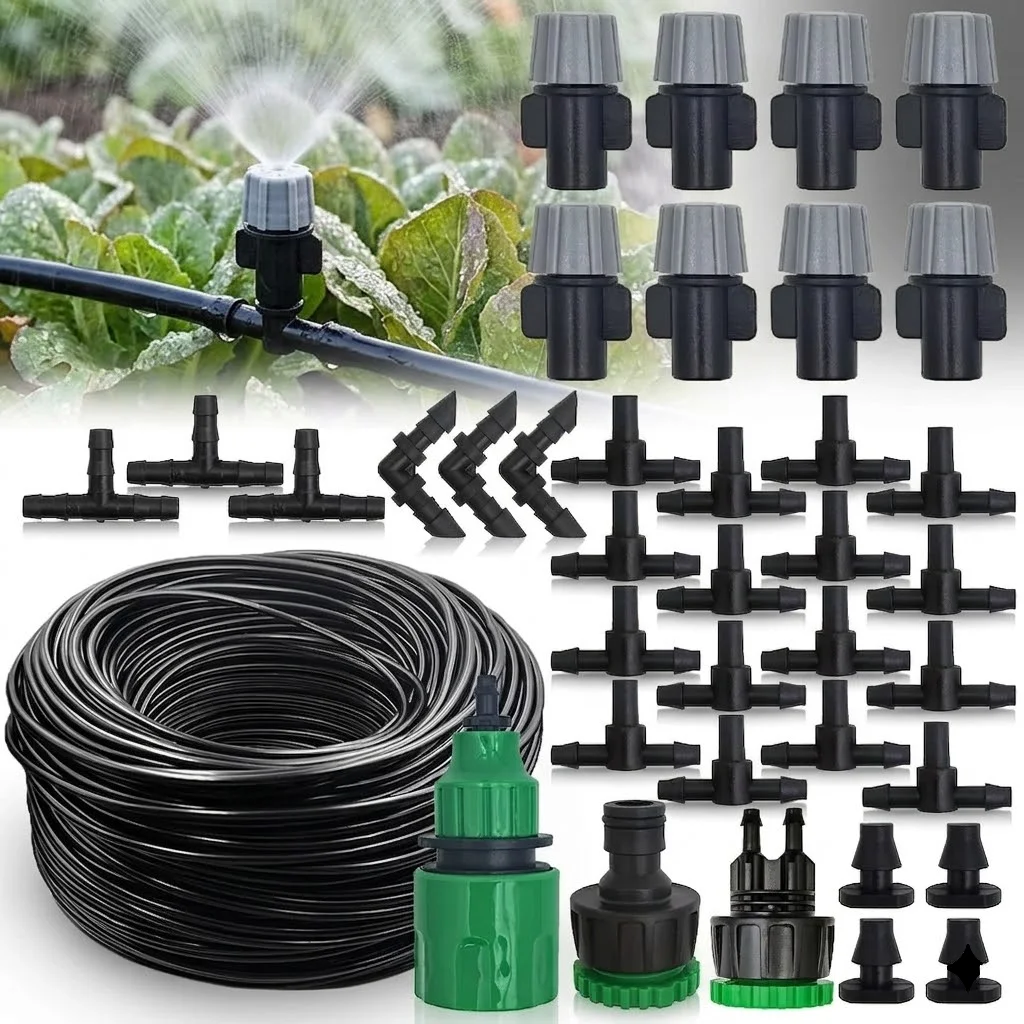 Automatic 10-20M Watering Irrigation System with Portable Misting Fog Nozzles Garden Hose Spray Head and 4/7mm Tee Connector