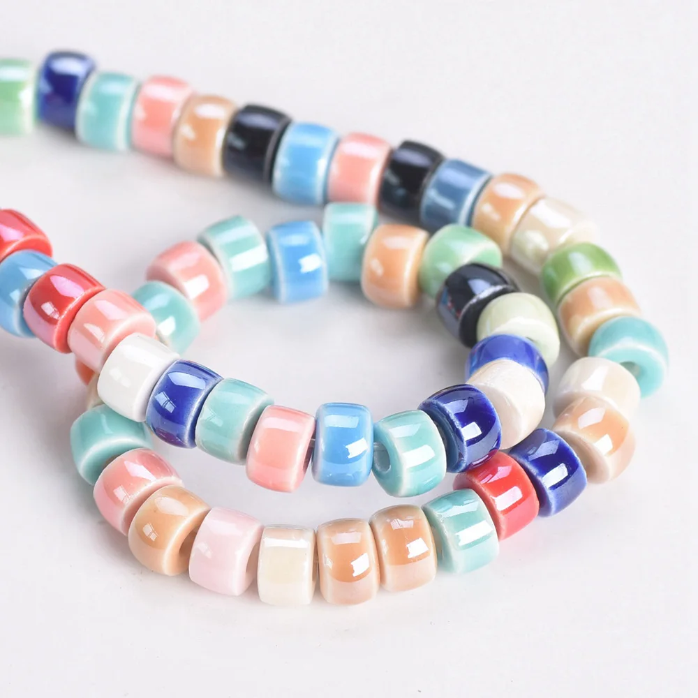 30pcs Rondelle 6x4mm Cylinder Shape Shiny Glossy Glazed Ceramic Porcelain Loose Beads Lot for Jewelry Making DIY Crafts