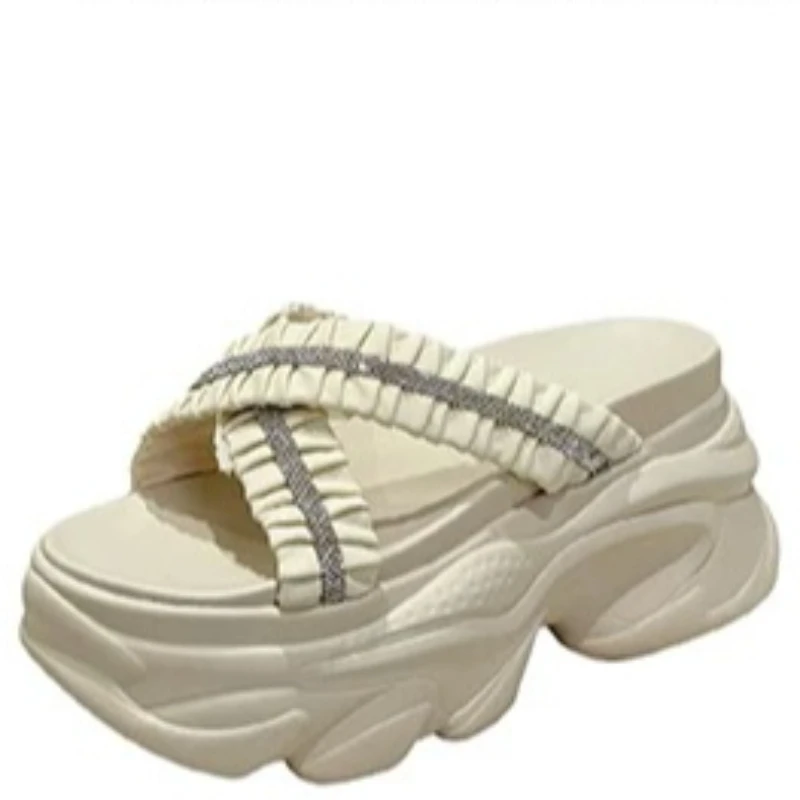 

8CM Women's Summer Chunky Slippers Fashion Thick-Bottom Sandals Bling Wedge Heels Flip Flops High Platform Beach Slides Zapatos
