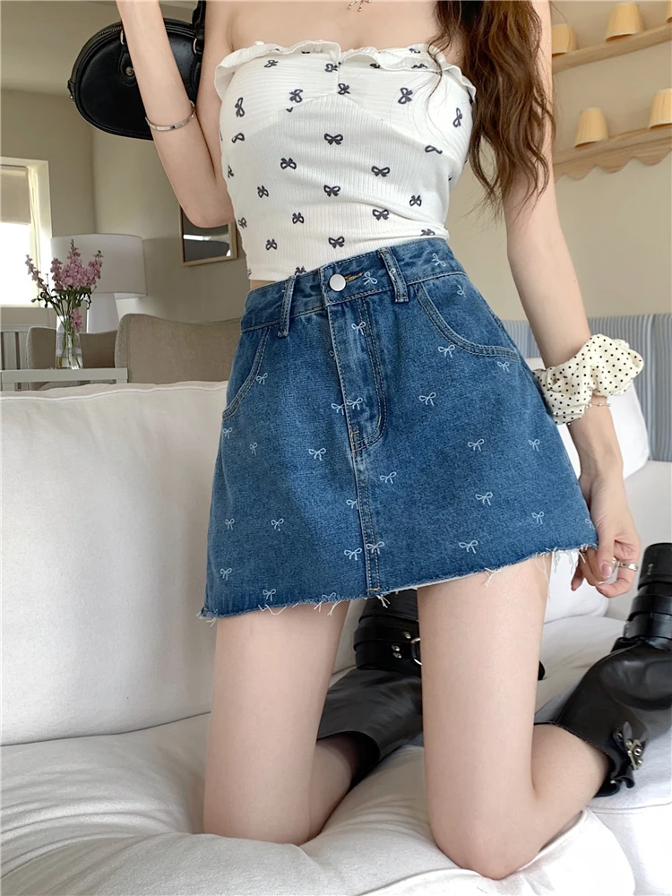 

Benuynffy Vintage Bows Print Raw Hem Denim Skirt Women Korean Fashion Y2K Streetwear Ladies High Waist Summer A Line Mini Skirts