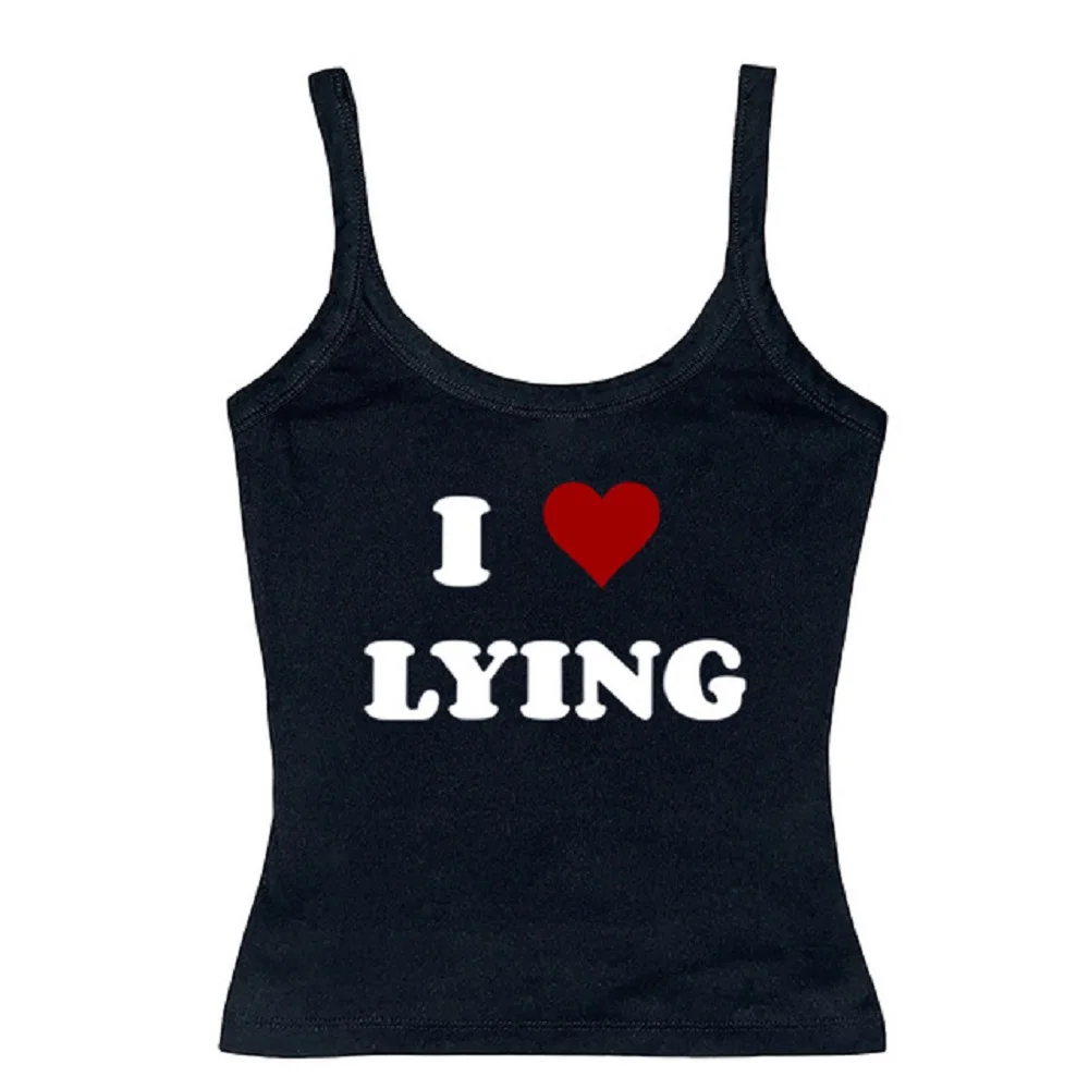 Women I Love Lying Heart Letter Print Spaghetti Strap Cami Tank Top Slim Sleeveless Aesthetic Summer Ladies Vest