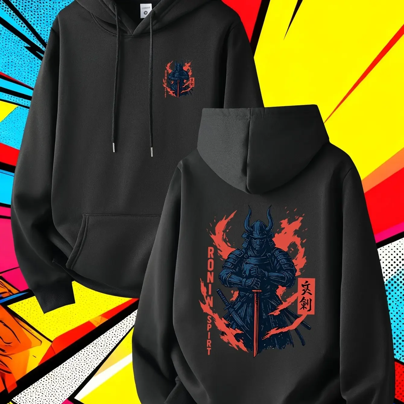 Autumn/Winter Men's Hooded Sweatshirt Retro Japanese Ronin Samurai Style SplatterPrint Ronin Spirit Print Soft Fleece Sweatshirt