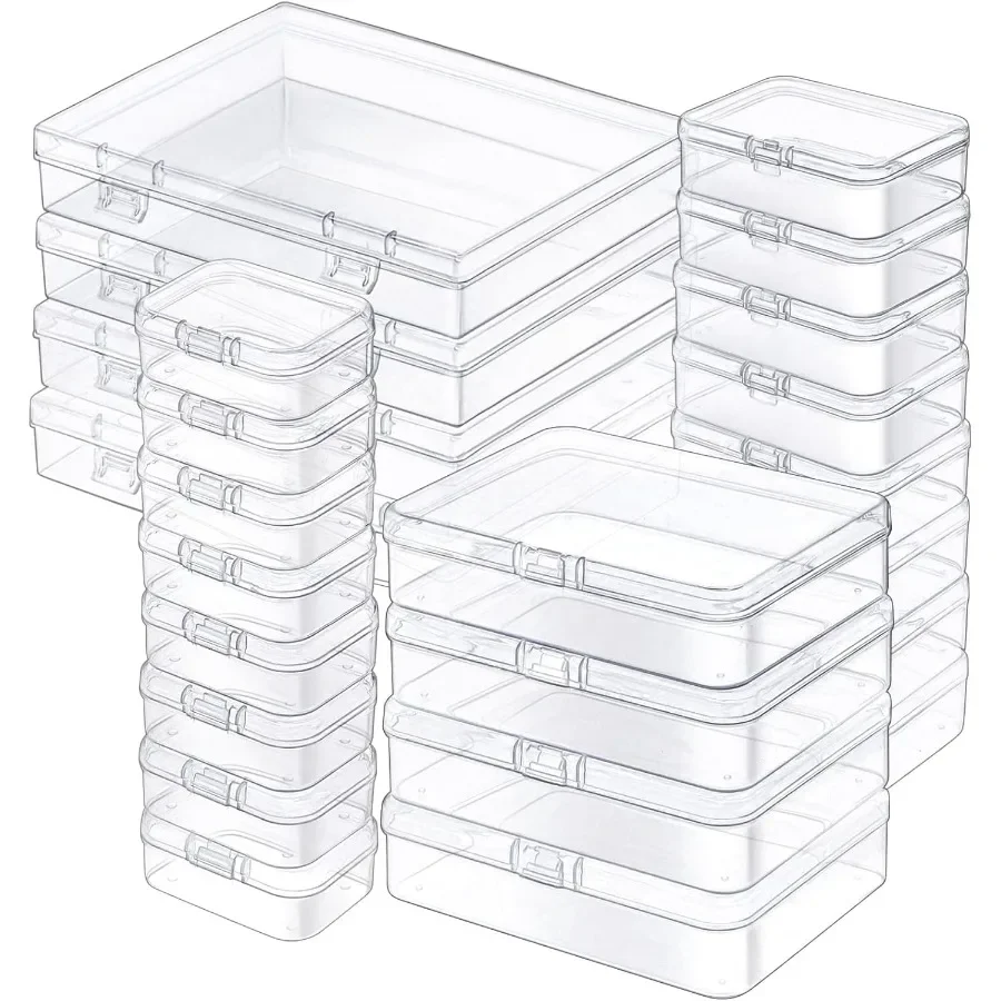 

24 Pack Mixed Sizes Rectangular Mini Plastic Containers Clear Plastic Storage Boxes with Hinged Lids and Labels Ideal for Organ
