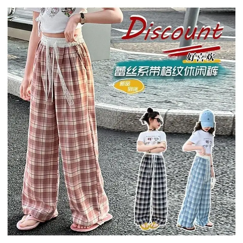 

Hot Wide Leg Straight Pants Ice Silk Checkered Breathable Girls Casual Sport Summer Fashionable Loose Versatile Trendy New Style
