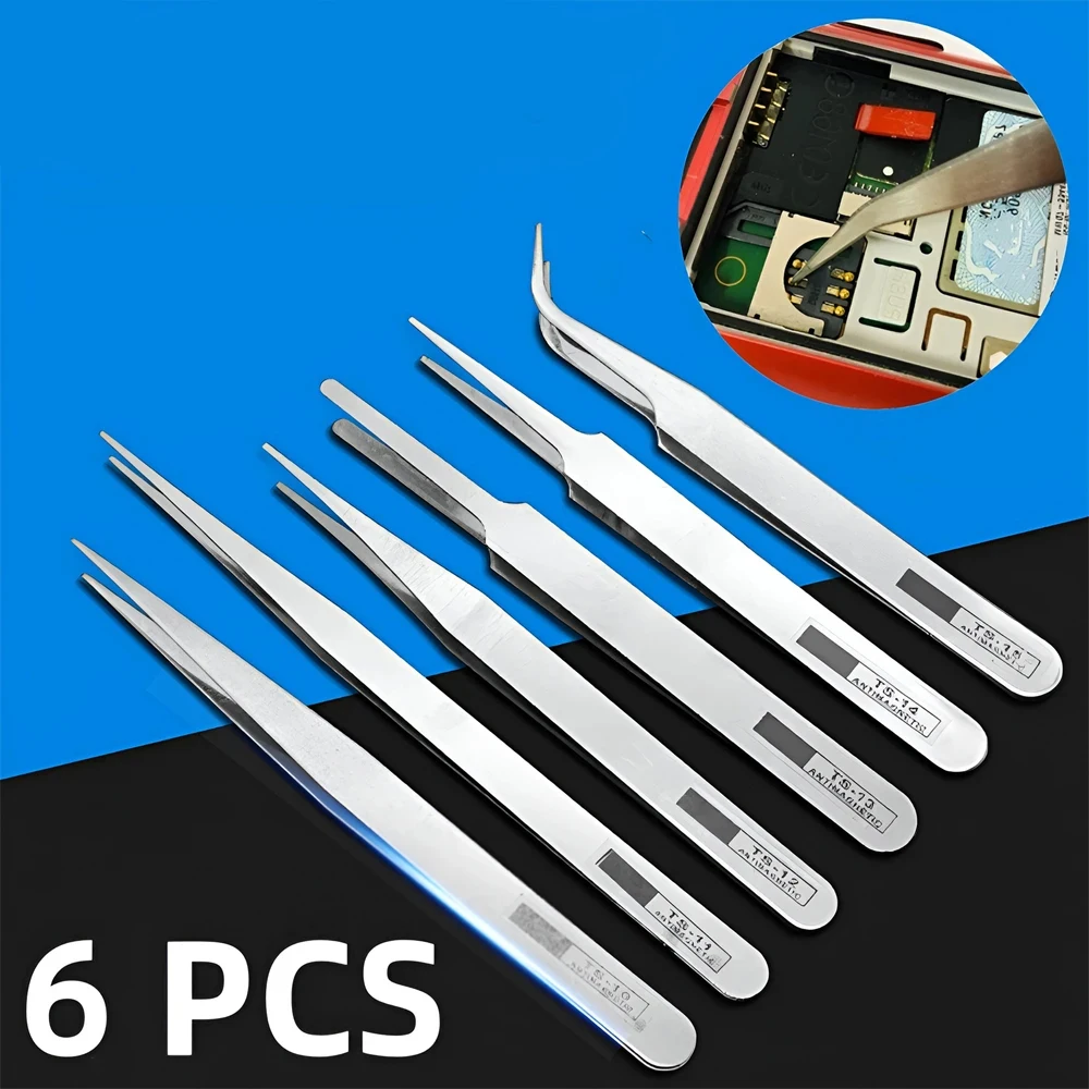 6pcs Tweezers Professional Watch Repair Tool Stainless Steel Straight Curved Tweezers, Quartz Mechanical Watch Detail Repair