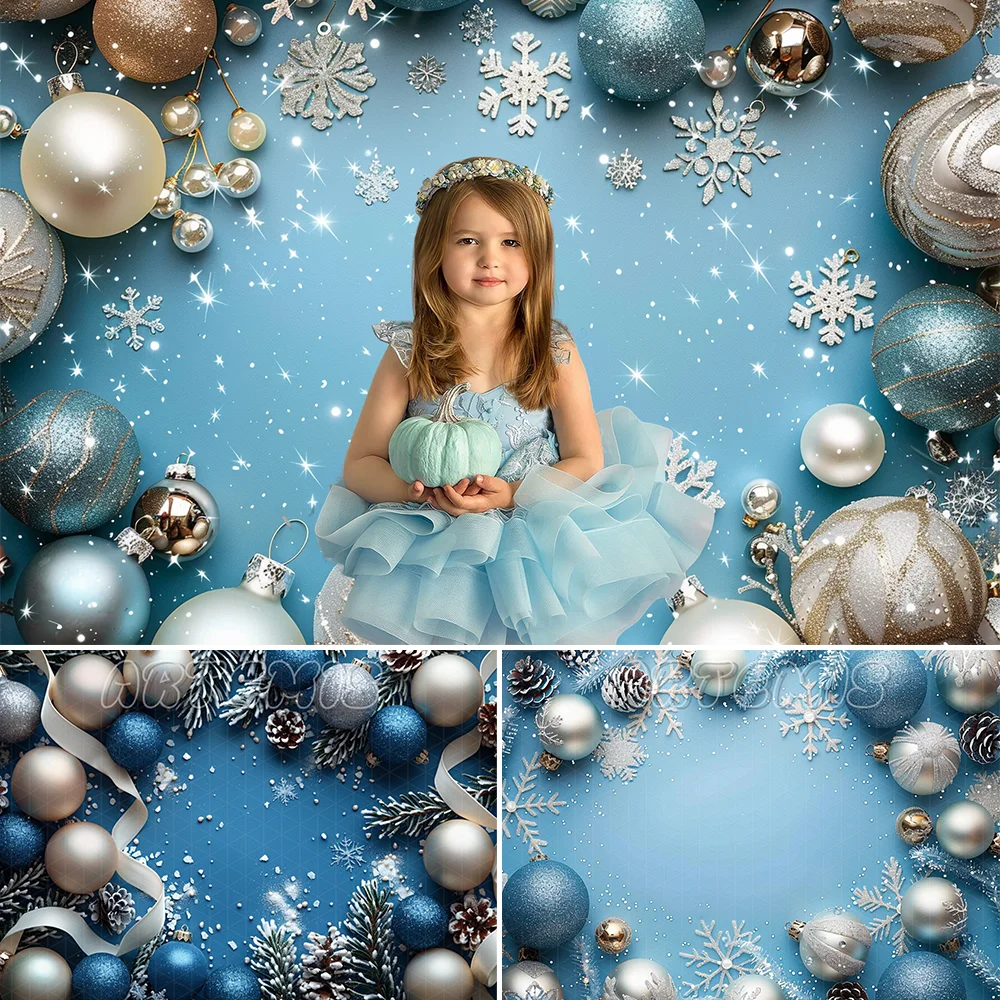 Winter Christmas Balls Photography Backdrop Light Blue Silver Glittery Snowflakes Blue Garland Background Photo Studio Photocall