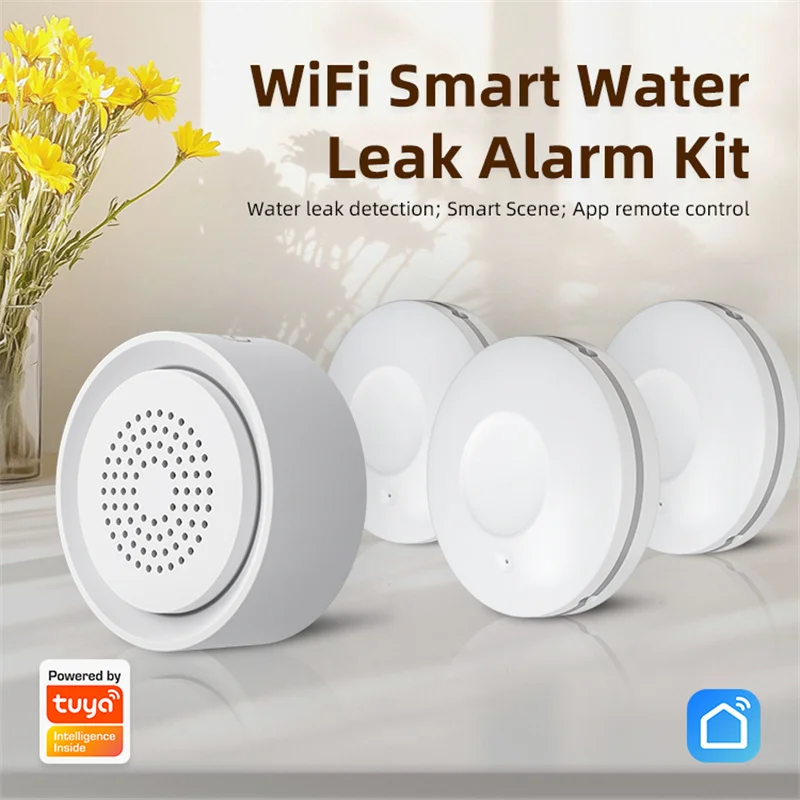 

Tuya Smart WiFi Water Leak Sensor Kit 3 Pack - 90dB Adjustable Alarm & APP Alerts for Basement Leak Monitoring