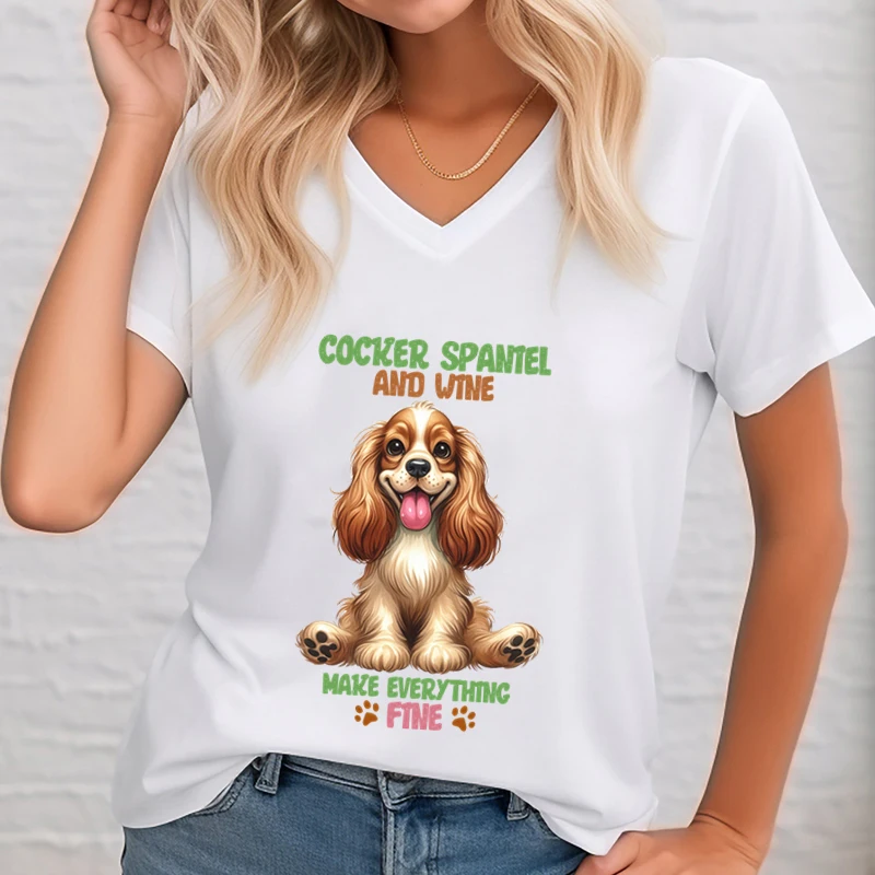 Women\'s Cute Spaniel T-Shirt Summer Cartoon Short Sleeve Tshirt Dog Paw Funny Design Loose V-Neck Tshirt Cocker Dog Lovers Tees