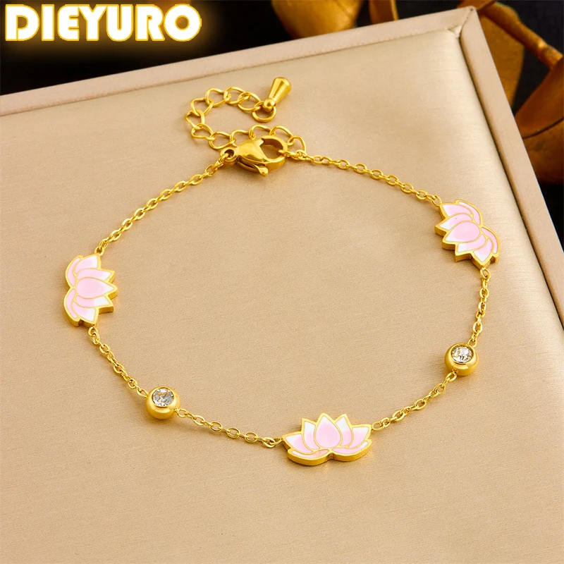 DIEYURO 316L Stainless SteellPink Lotus Round Zircon Flower Pendant Bracelet For Women New Trend Fashion Hand Chain Jewelry Gift