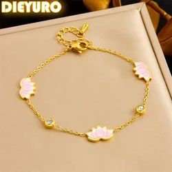 DIEYURO 316L Stainless SteellPink Lotus Round Zircon Flower Pendant Bracelet For Women New Trend Fashion Hand Chain Jewelry Gift
