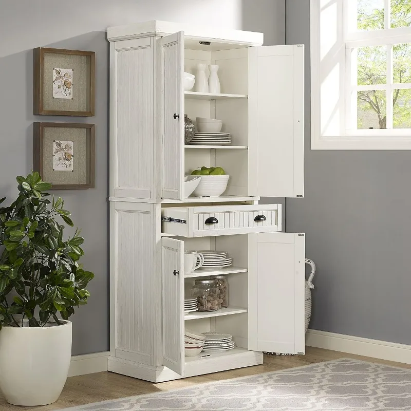 Seaside Coastal Pantry Storage Cabinet with Shelves  Kitchen  Dining  or Laundry Room  Distressed White