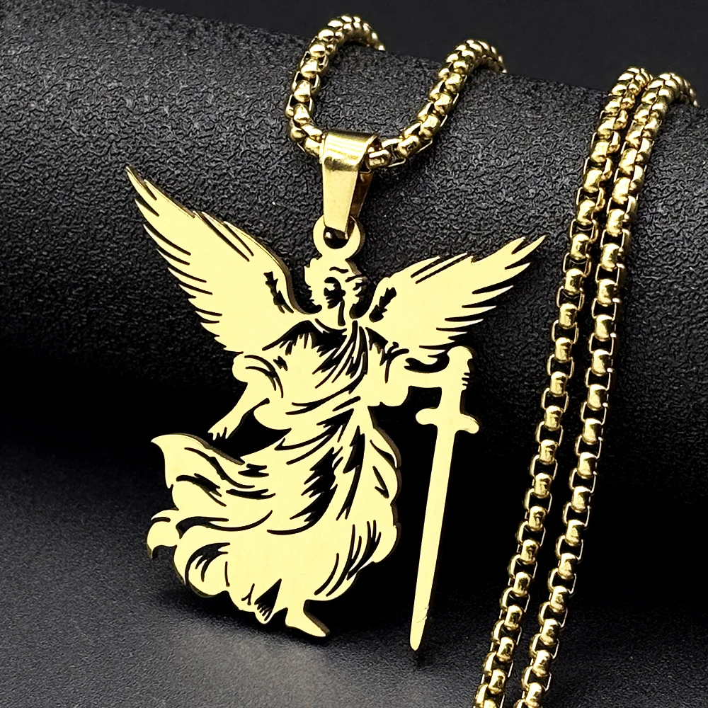 Hollow Archangel Saint Michael Protect Us Pendant Necklace for Women Men Stainless Steel Christian Chain Amulet Jewelry Gift