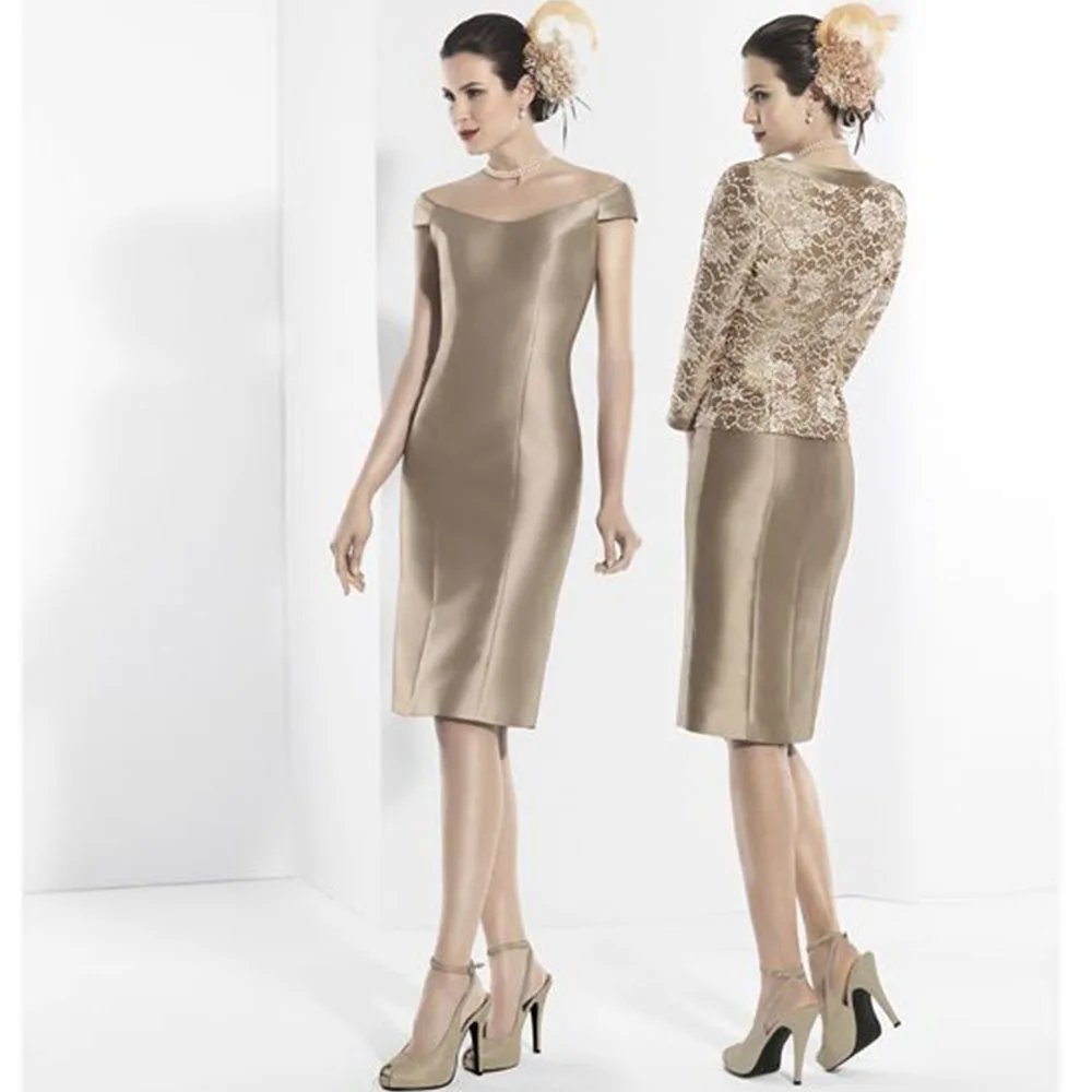 Elegant Two Piece Light Brown Satin Knee Length  Mother of the Bride Dresses Sheath/Column Wedding Guest Gowns Short With Coat