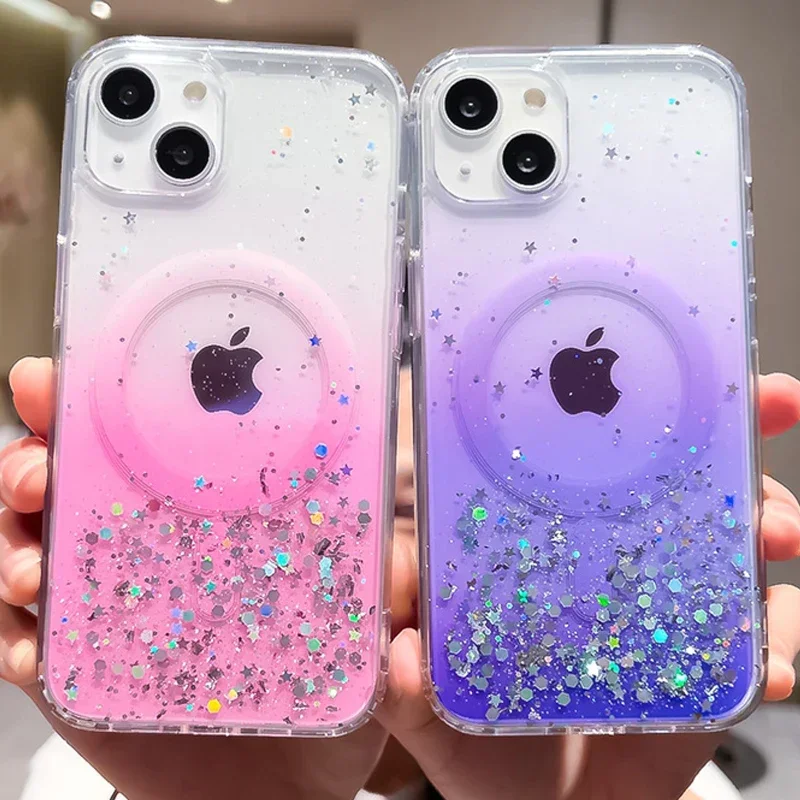 Gradient Glitter Magnetic Case For iphone 16 15 14 12 13 Mini 11 Pro Max X XS XR 8 7 Plus SE 2 3 For Magsafe Silicone TPU Cover