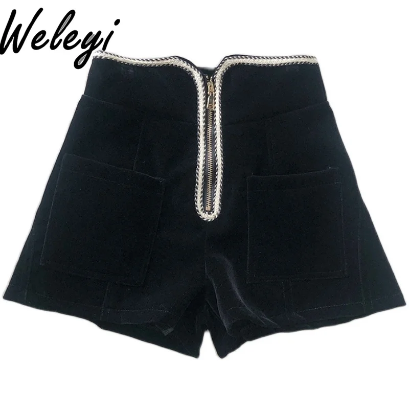 Autumn Korean Style Contrasting Color Zipper Shorts Woman Trendy Temperament Office Slim-fitting High-waisted Wide-leg Hot Pants