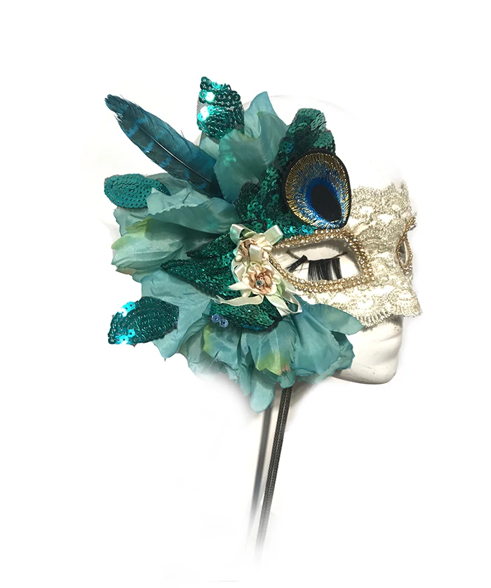 Masker Goud Groen Contrast Kleur Decoratie Kant Borduurwerk Volwassen Pauw Veer Kant Bloem Mode Halloween Podium Accessoires