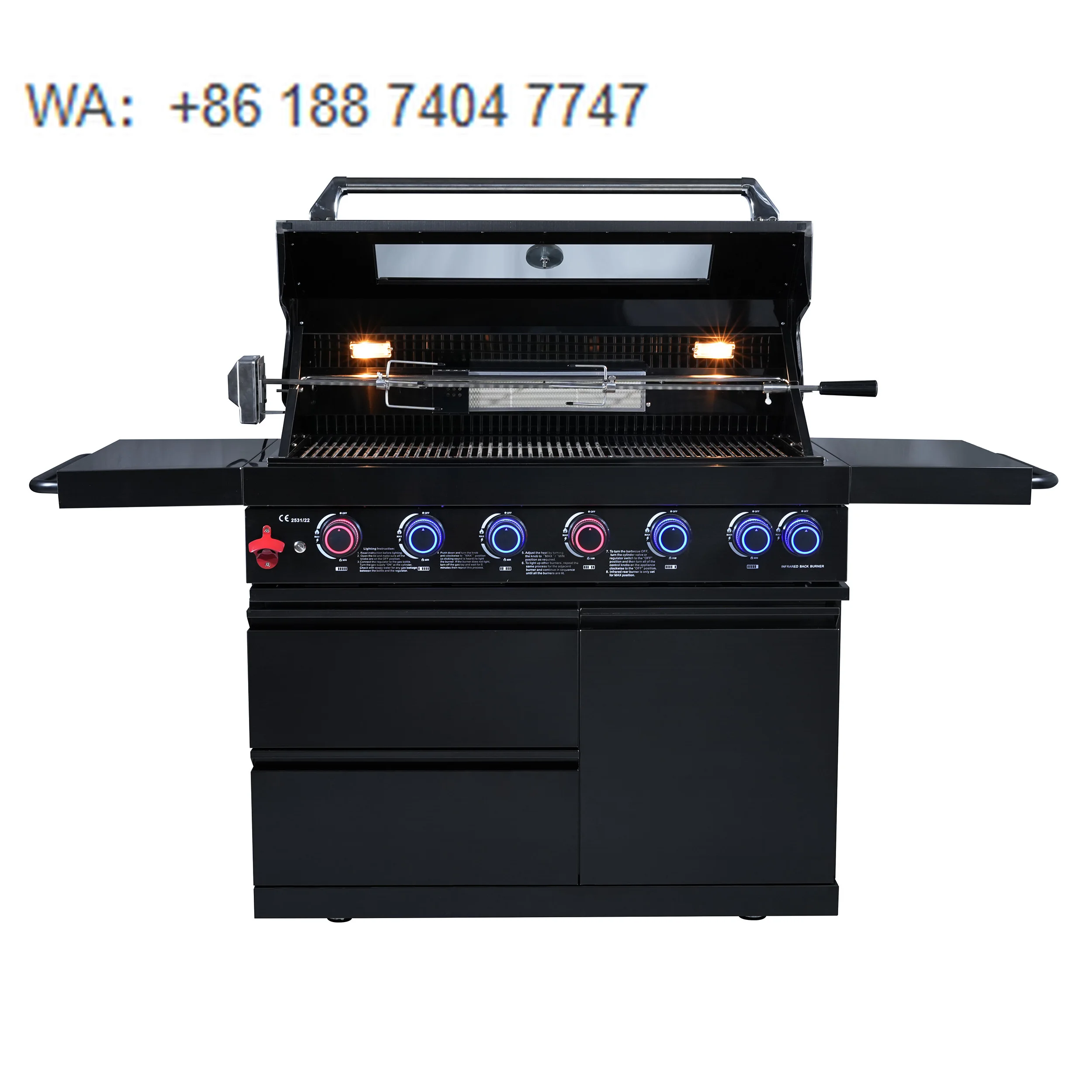 

Good Quality Outdoor Party Camping Barbecue Grill 6 Burners Freestanding BBQ Gas Grill With Foldable Side Table and Cabinet